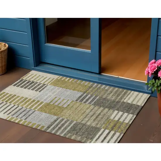 Brown Gold And Taupe Striped Washable Indoor Outdoor Area Rug Photo 1
