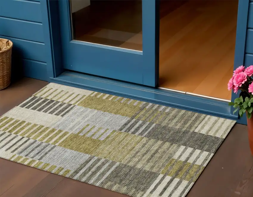 Brown Gold And Taupe Striped Washable Indoor Outdoor Area Rug Photo 1