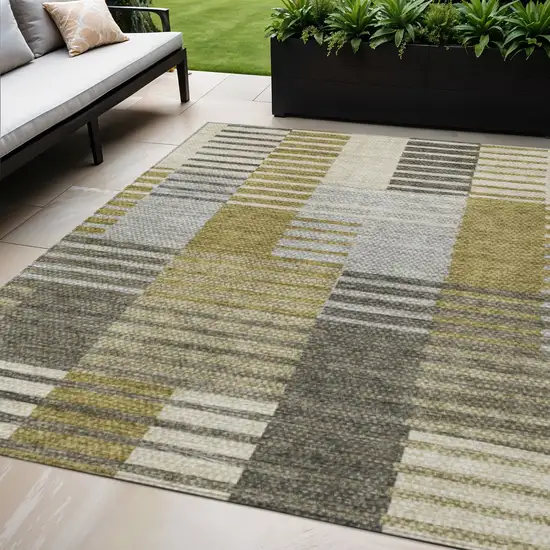 Brown Gold And Taupe Striped Washable Indoor Outdoor Area Rug Photo 1