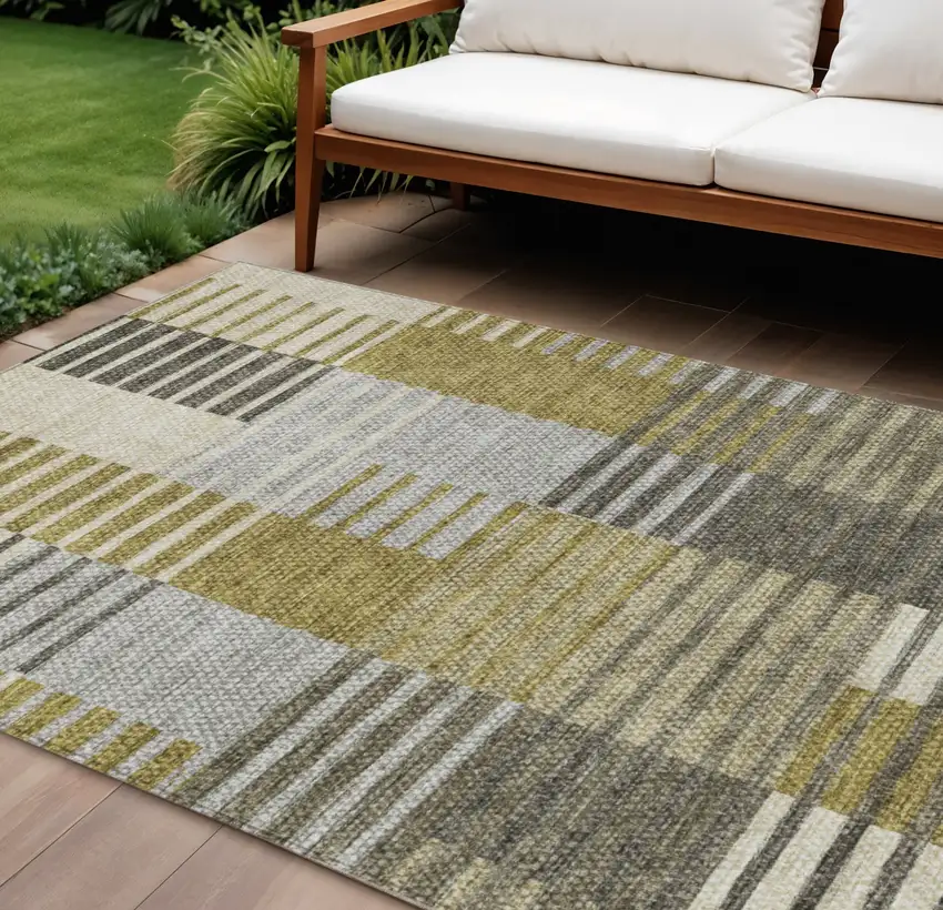 Brown Gold And Taupe Striped Washable Indoor Outdoor Area Rug Photo 1