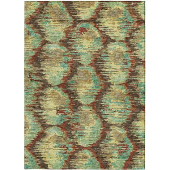 Brown Gold And Teal Blue Abstract Washable Indoor Outdoor Area Rug Photo 6