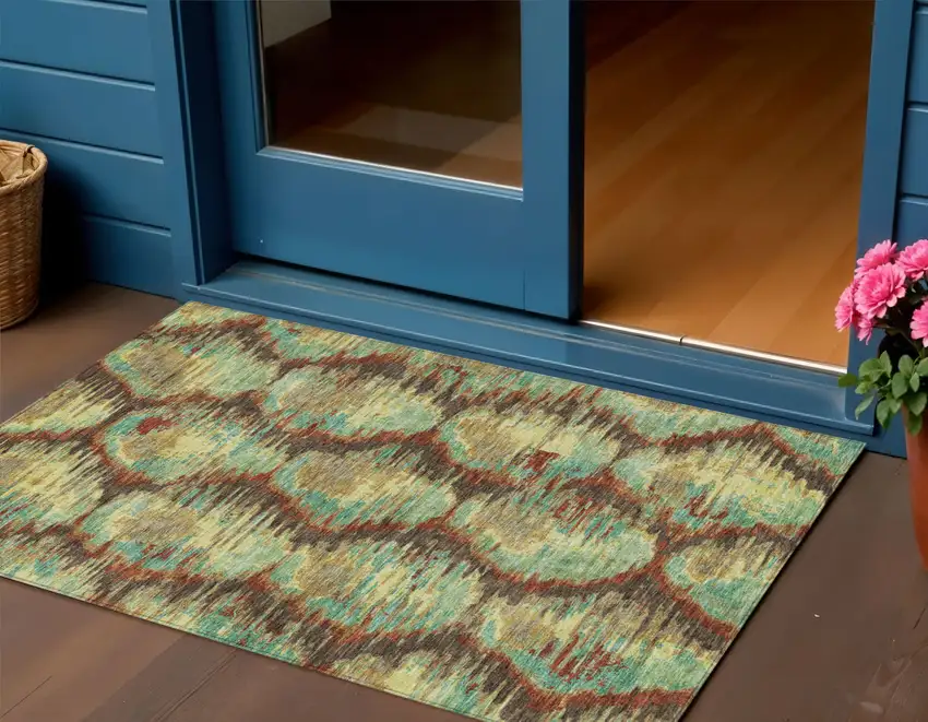 Brown Gold And Teal Blue Abstract Washable Indoor Outdoor Area Rug Photo 1
