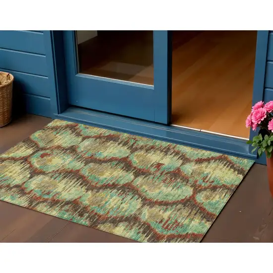 Brown Gold And Teal Blue Abstract Washable Indoor Outdoor Area Rug Photo 1