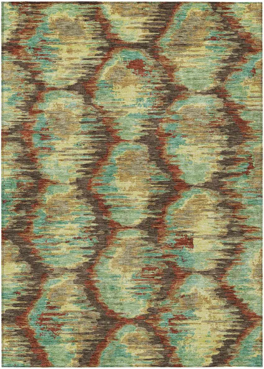 Brown Gold And Teal Blue Abstract Washable Indoor Outdoor Area Rug Photo 2