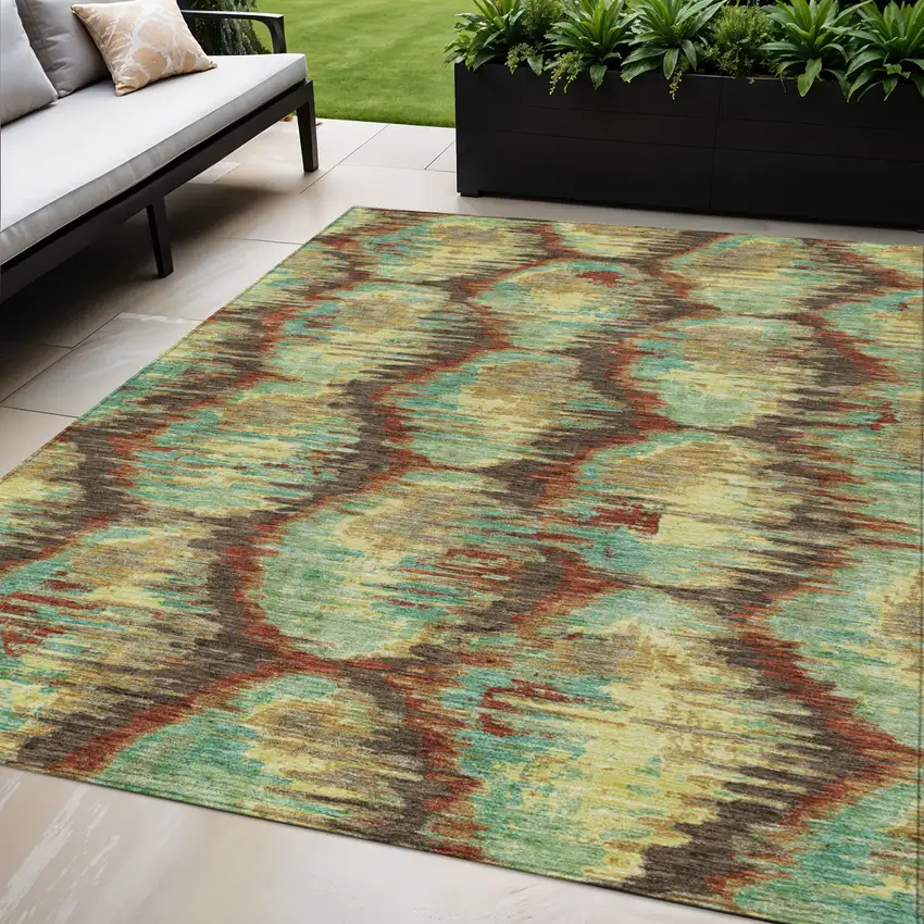 Brown Gold And Teal Blue Abstract Washable Indoor Outdoor Area Rug Photo 1