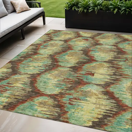 Brown Gold And Teal Blue Abstract Washable Indoor Outdoor Area Rug Photo 1