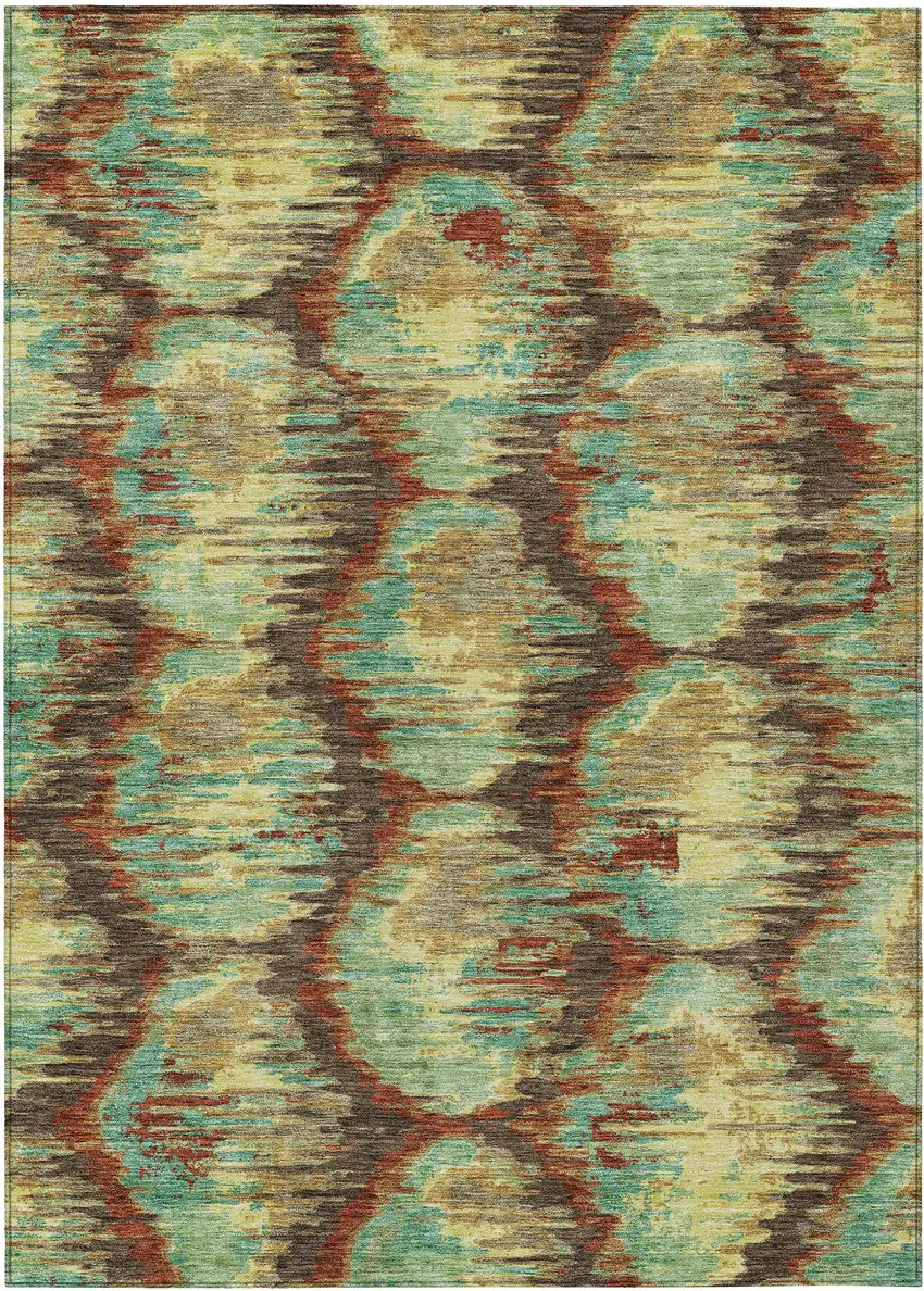 Brown Gold And Teal Blue Abstract Washable Indoor Outdoor Area Rug Photo 1