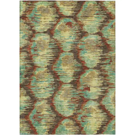Brown Gold And Teal Blue Abstract Washable Indoor Outdoor Area Rug Photo 1