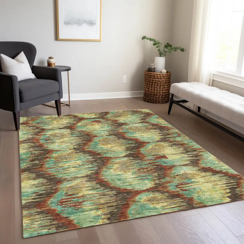 Brown Gold And Teal Blue Abstract Washable Indoor Outdoor Area Rug Photo 9