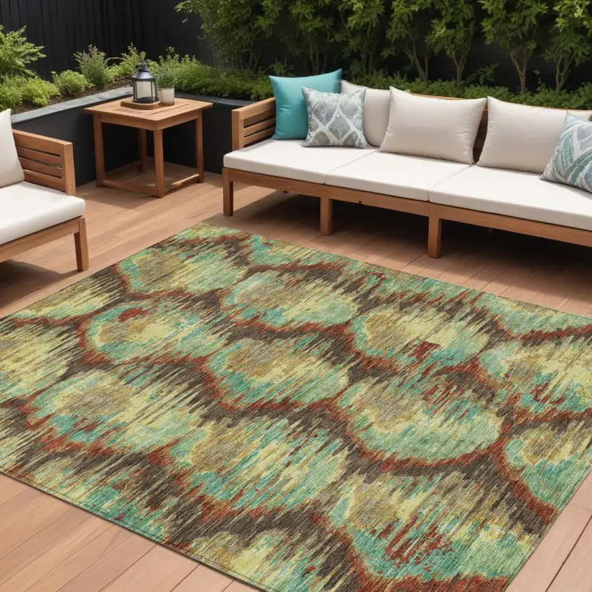 Brown Gold And Teal Blue Abstract Washable Indoor Outdoor Area Rug Photo 1