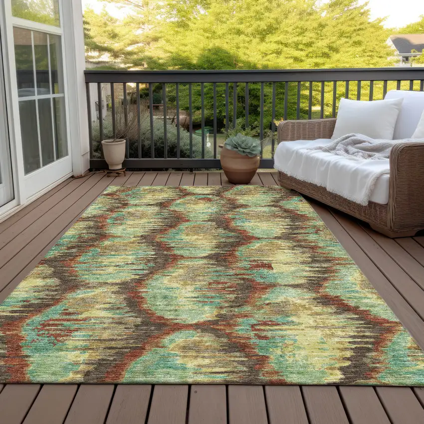 Brown Gold And Teal Blue Abstract Washable Indoor Outdoor Area Rug Photo 7