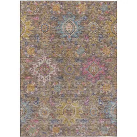 Brown Gold And Teal Blue Medallion Washable Indoor Outdoor Area Rug Photo 1