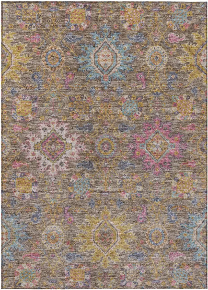 Brown Gold And Teal Blue Medallion Washable Indoor Outdoor Area Rug Photo 1