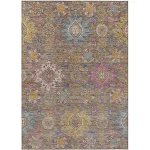 Photo of Brown Gold And Teal Blue Medallion Washable Indoor Outdoor Area Rug