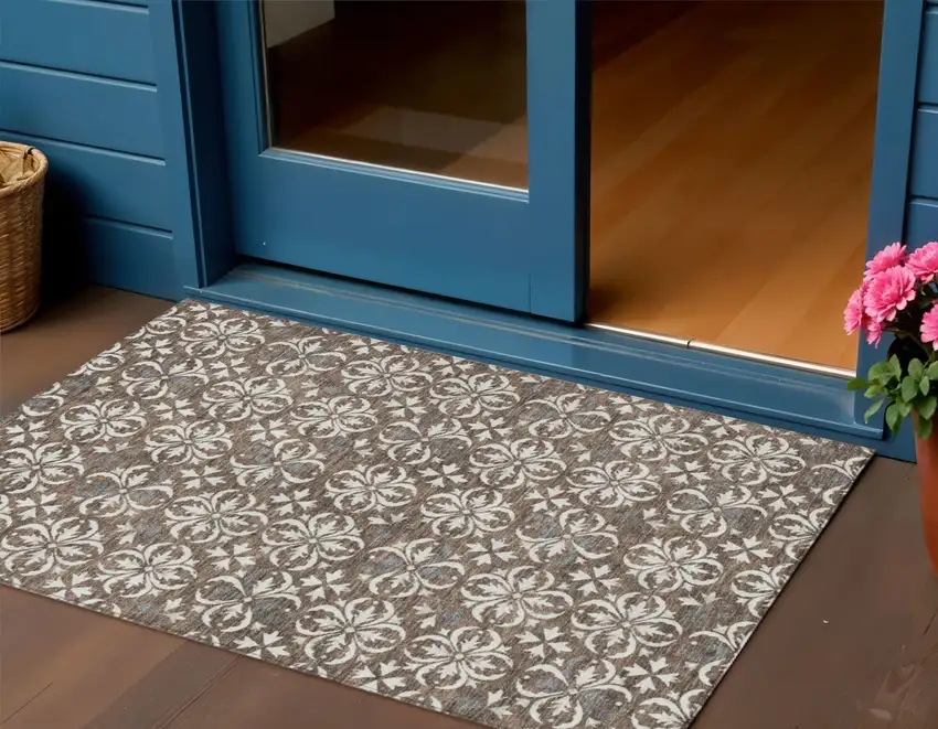 Brown Gray And Beige Floral Washable Indoor Outdoor Area Rug Photo 1