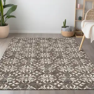 Photo of Brown Gray And Beige Floral Washable Indoor Outdoor Area Rug