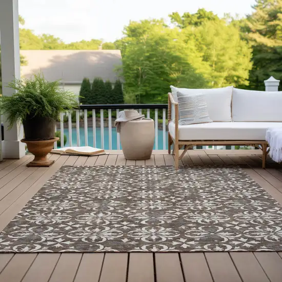 Brown Gray And Beige Floral Washable Indoor Outdoor Area Rug Photo 9