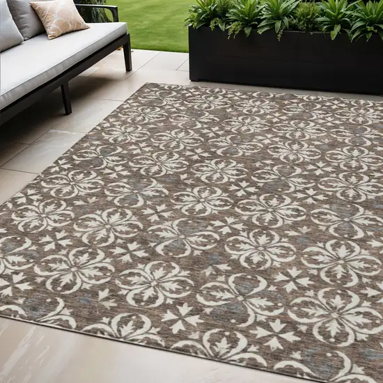 Brown Gray And Beige Floral Washable Indoor Outdoor Area Rug Photo 1