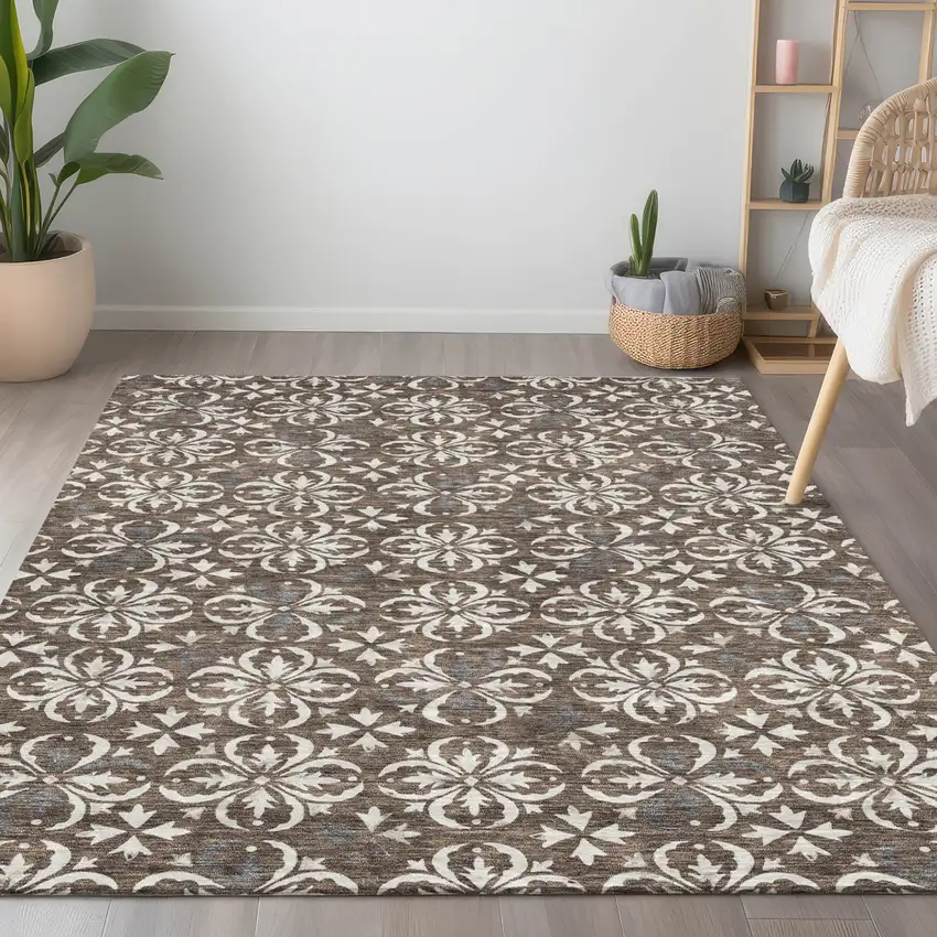 Brown Gray And Beige Floral Washable Indoor Outdoor Area Rug Photo 8
