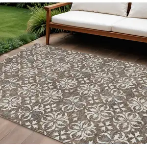 Photo of Brown Gray And Beige Floral Washable Indoor Outdoor Area Rug