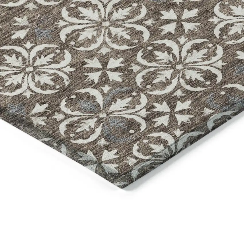 Brown Gray And Beige Floral Washable Indoor Outdoor Area Rug Photo 4