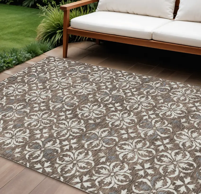 Brown Gray And Beige Floral Washable Indoor Outdoor Area Rug Photo 1