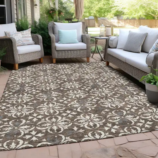 Brown Gray And Beige Floral Washable Indoor Outdoor Area Rug Photo 7