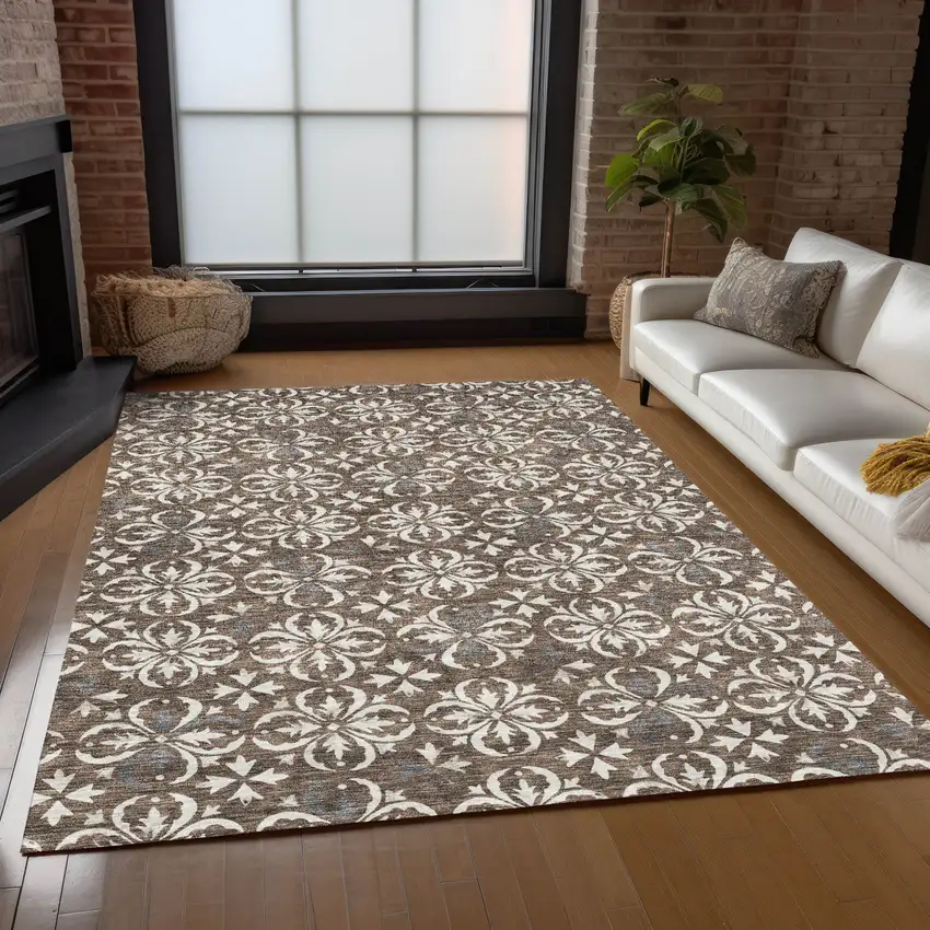 Brown Gray And Beige Floral Washable Indoor Outdoor Area Rug Photo 9