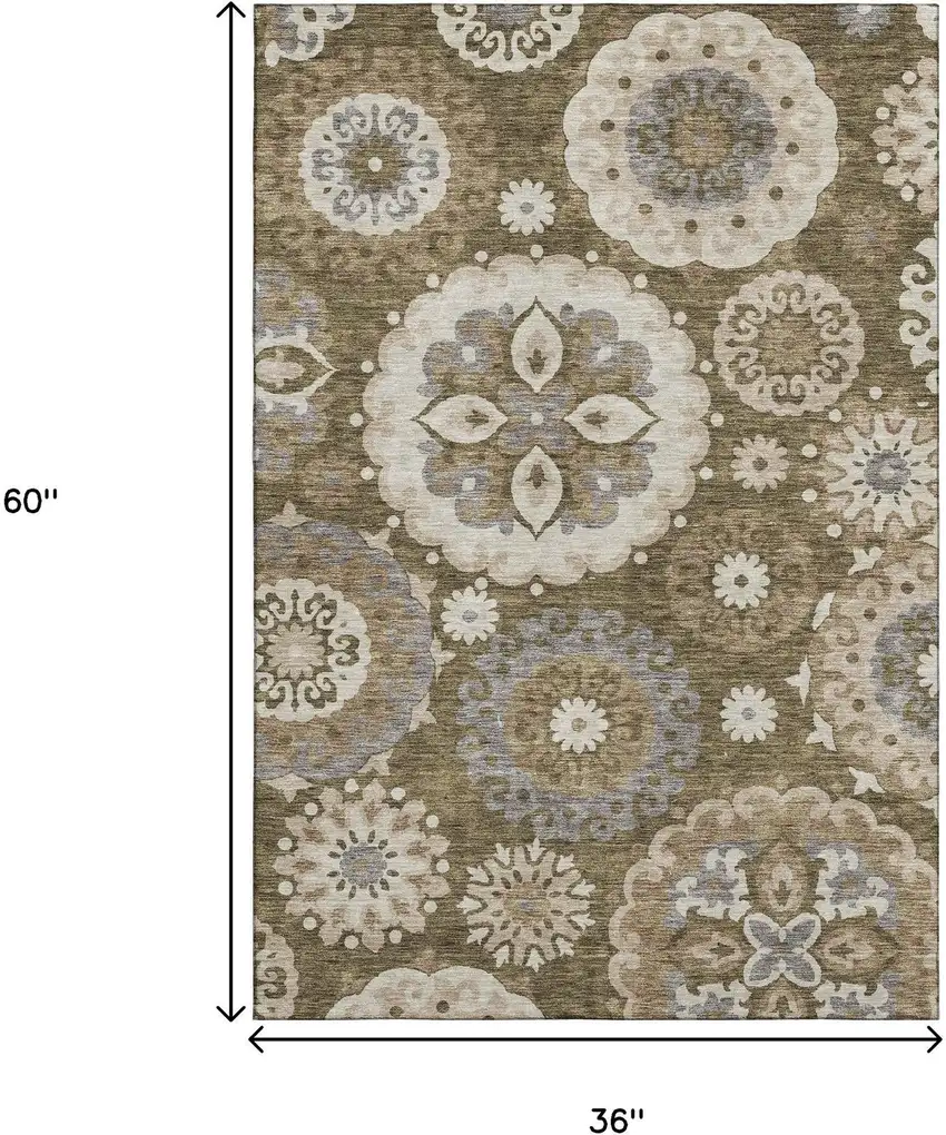 Brown Gray And Beige Medallion Washable Area Rug With UV Protection Photo 3