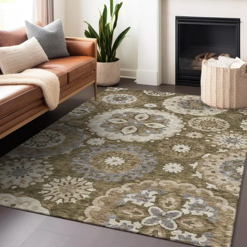 Brown Gray And Beige Medallion Washable Area Rug With UV Protection Photo 5