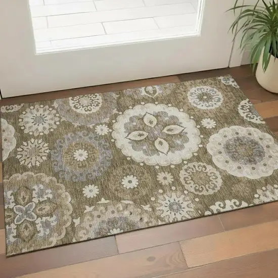 Brown Gray And Beige Medallion Washable Area Rug With UV Protection Photo 1