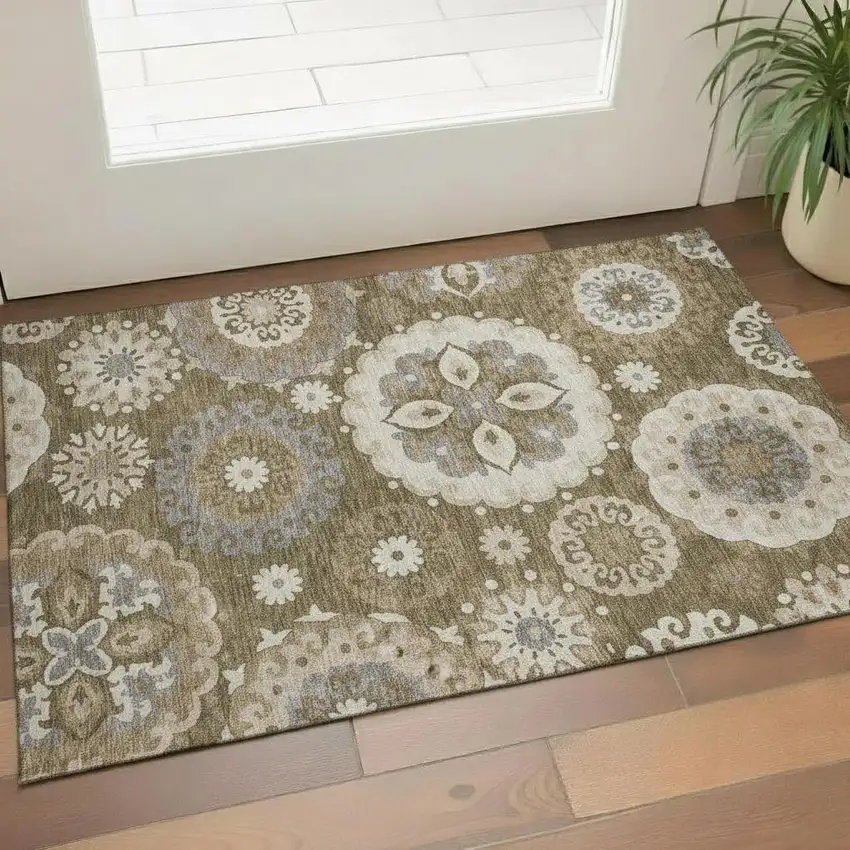 Brown Gray And Beige Medallion Washable Area Rug With UV Protection Photo 1