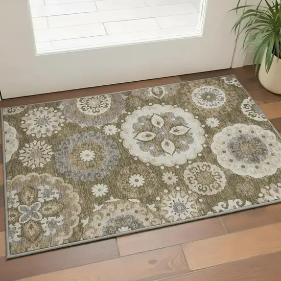 Brown Gray And Beige Medallion Washable Area Rug With UV Protection Photo 2