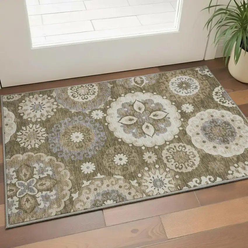 Brown Gray And Beige Medallion Washable Area Rug With UV Protection Photo 2