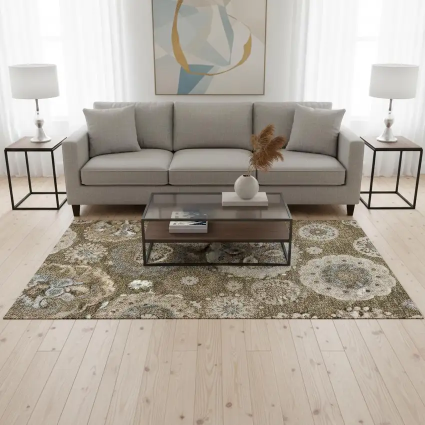 Brown Gray And Beige Medallion Washable Area Rug With UV Protection Photo 2