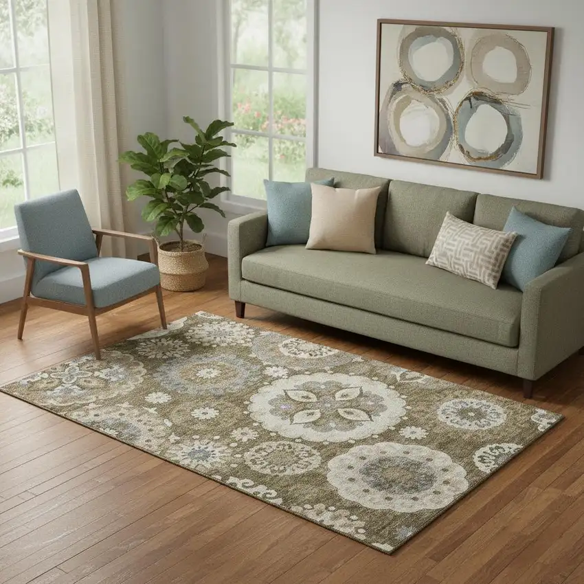 Brown Gray And Beige Medallion Washable Area Rug With UV Protection Photo 1