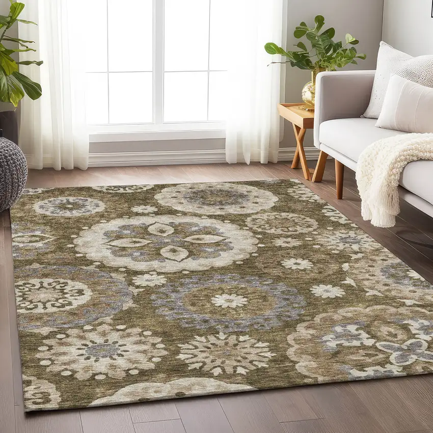 Brown Gray And Beige Medallion Washable Area Rug With UV Protection Photo 5
