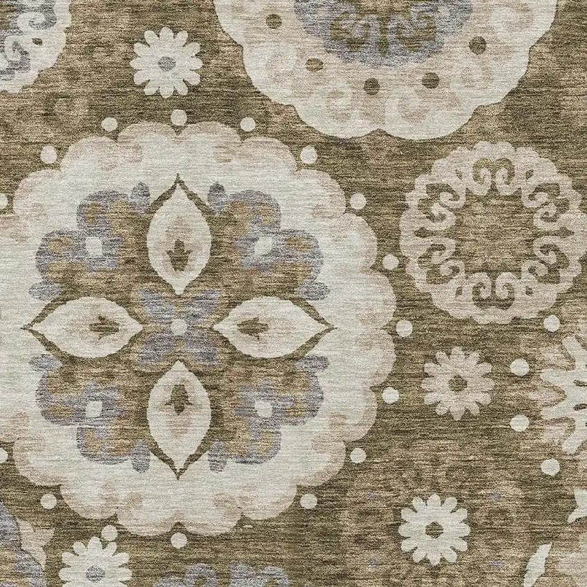 Brown Gray And Beige Medallion Washable Area Rug With UV Protection Photo 3