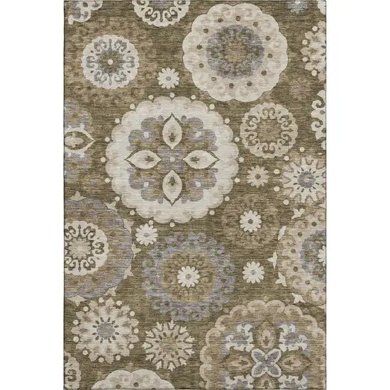 Brown Gray And Beige Medallion Washable Area Rug With UV Protection Photo 1