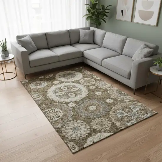 Brown Gray And Beige Medallion Washable Area Rug With UV Protection Photo 2