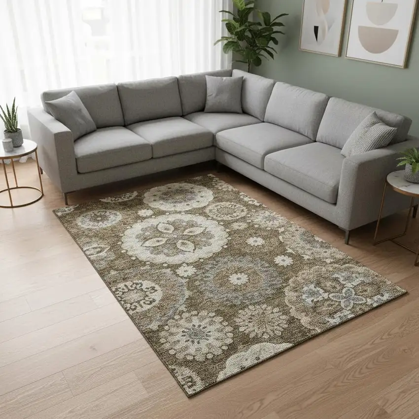 Brown Gray And Beige Medallion Washable Area Rug With UV Protection Photo 2