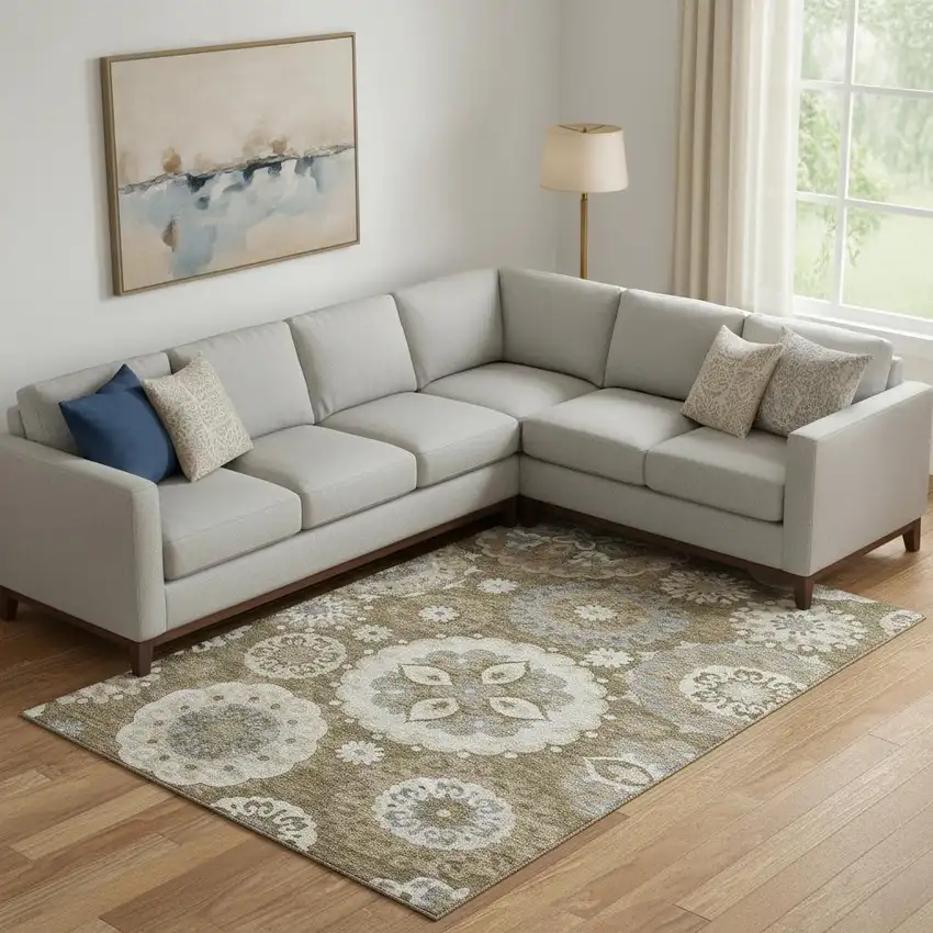 Brown Gray And Beige Medallion Washable Area Rug With UV Protection Photo 1