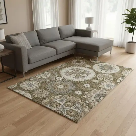 Brown Gray And Beige Medallion Washable Area Rug With UV Protection Photo 2