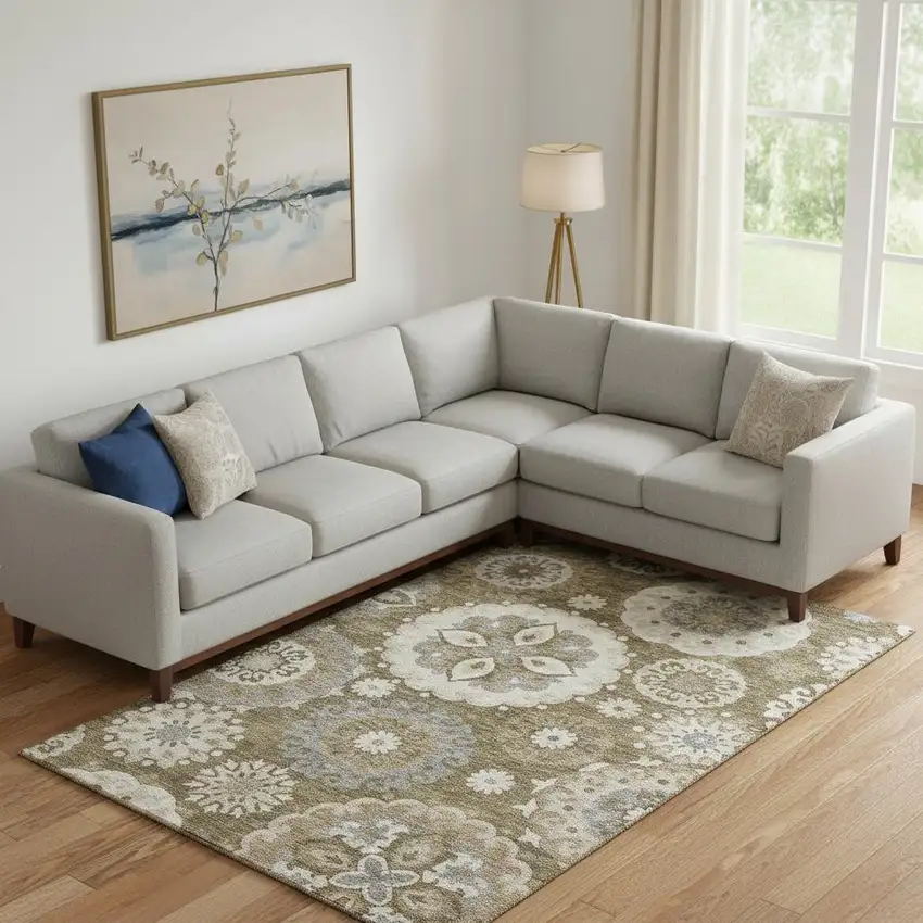 Brown Gray And Beige Medallion Washable Area Rug With UV Protection Photo 1