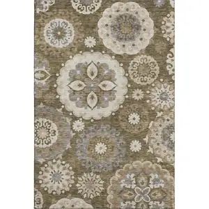 Photo of Brown Gray And Beige Medallion Washable Area Rug With UV Protection