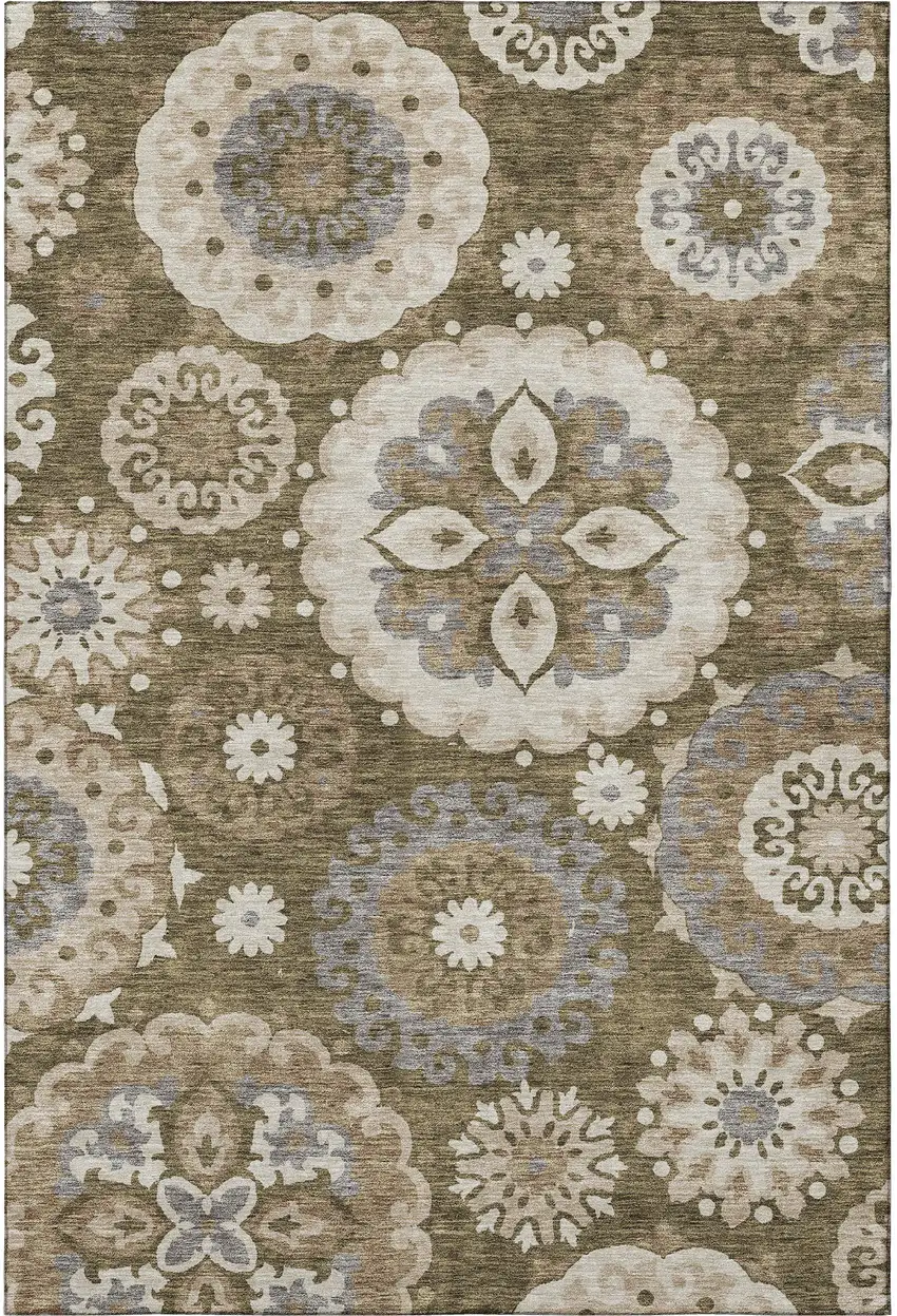 Brown Gray And Beige Medallion Washable Area Rug With UV Protection Photo 3