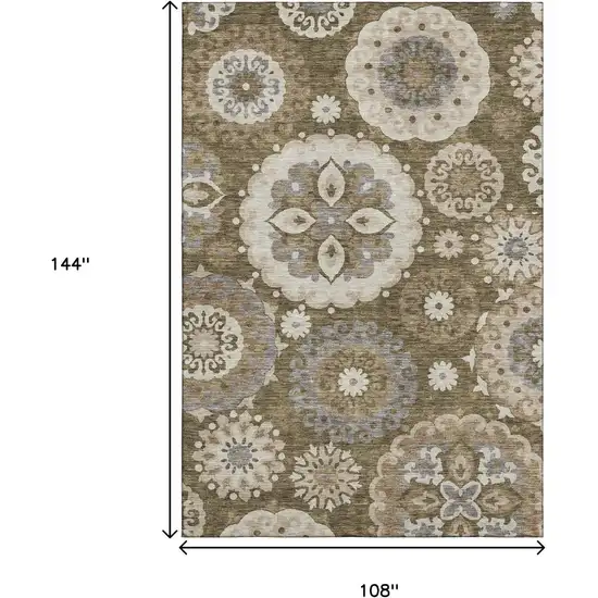 Brown Gray And Beige Medallion Washable Area Rug With UV Protection Photo 3