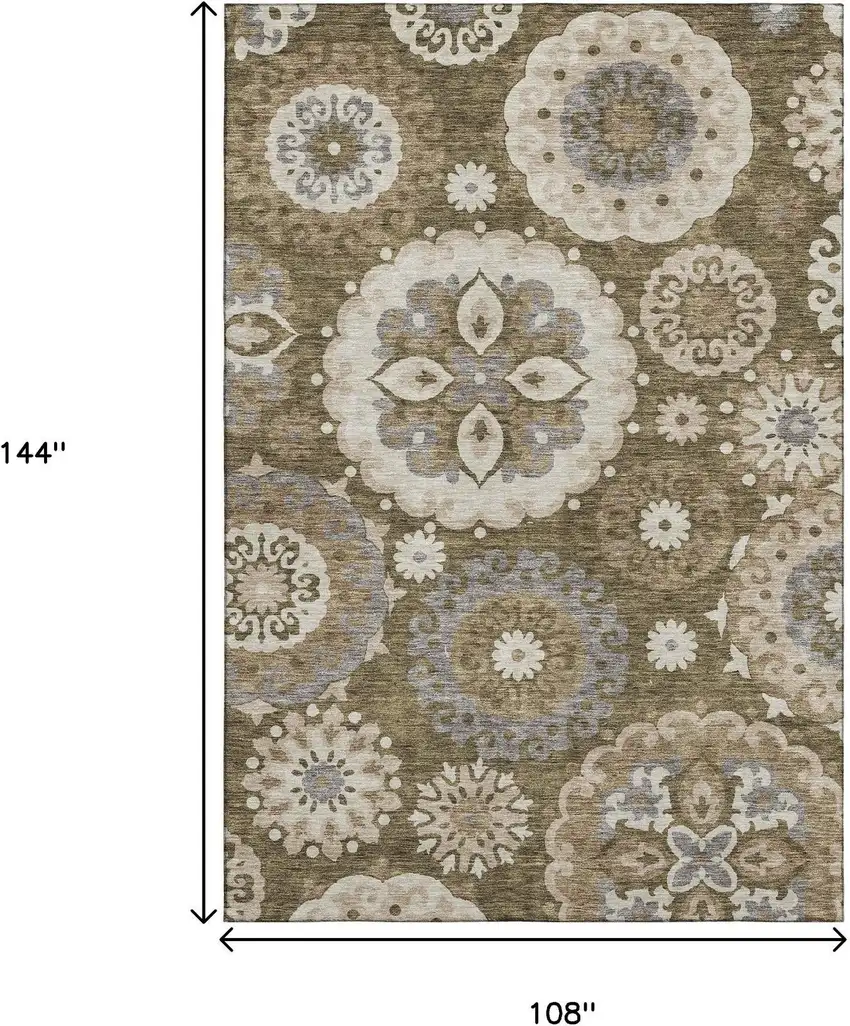 Brown Gray And Beige Medallion Washable Area Rug With UV Protection Photo 3
