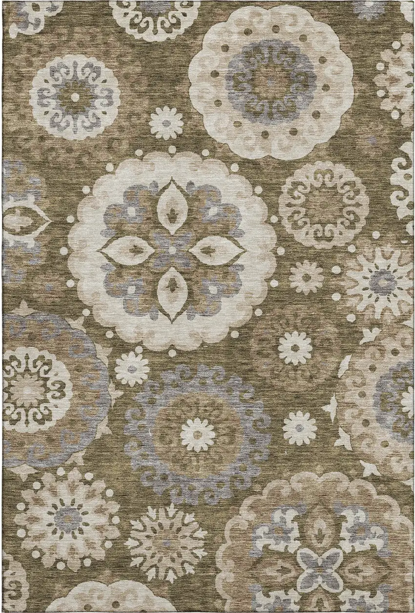 Brown Gray And Beige Medallion Washable Area Rug With UV Protection Photo 1