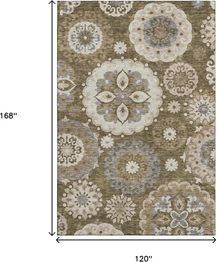 Brown Gray And Beige Medallion Washable Area Rug With UV Protection Photo 3